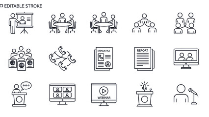 Fototapeta premium Collection of thin line icons depicting business meetings, conferences, and presentations.