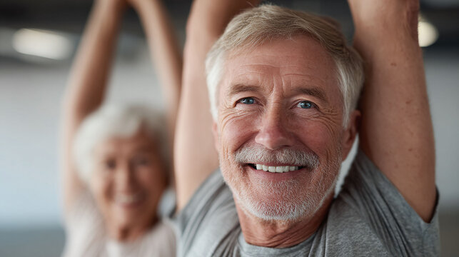 Active senior lifestyle. Closeup of a smiling mature man stretching with a woman blurred in the background. Shows health, wellbeing and vitality.