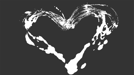 White abstract heart shape formed by brush strokes and splatters on dark gray background black