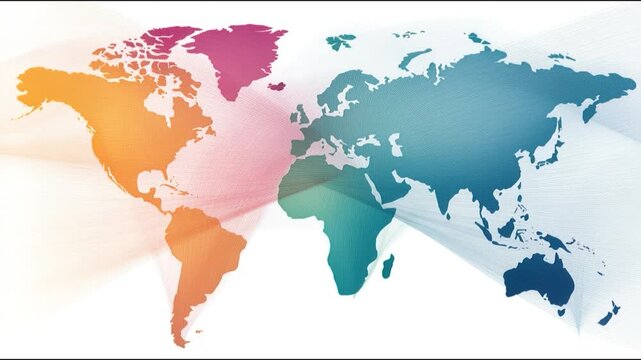 Vibrant world map colorful continents global network abstract lines data flow international connection blue ocean modern design digital art geography illustration inspiring gradient silhouette