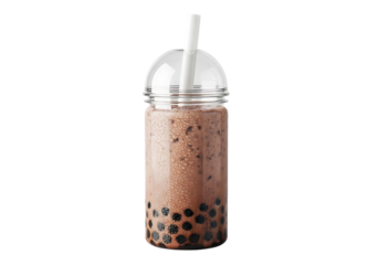 Delicious chocolate milk tea beverage with tapioca pearls in a clear plastic cup isolated on transparent background