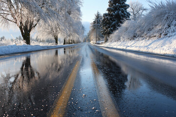 Reflective road surface after ice storm shows the hazards of winter weather in a quiet rural setting