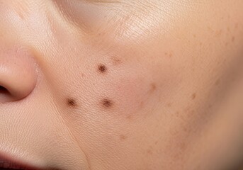 Fototapeta premium Close-up of human skin with several moles near the nose and cheek