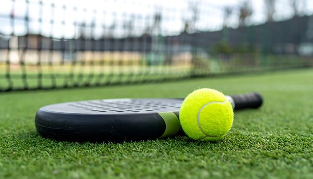 Close-up shot of a tennis racket and ball resting on green grass court.