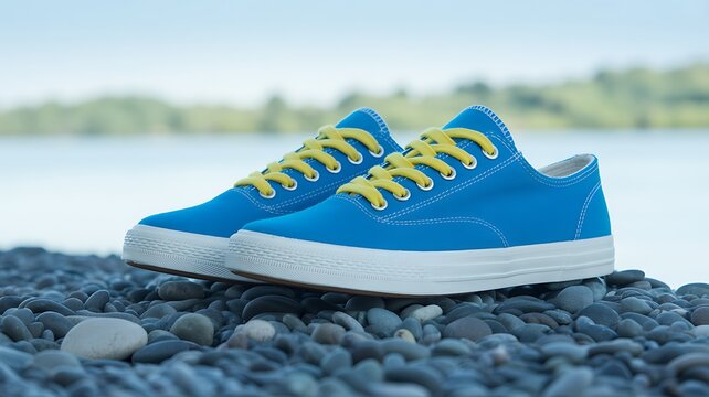 Blue canvas shoes on a rocky beach with a beautiful ocean view