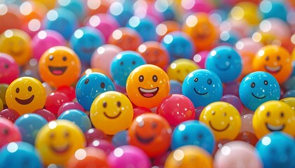 A pile of colorful spherical objects with happy, smiling faces scattered throughout, close up shot