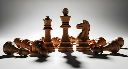 Chess pieces stand tall amidst fallen pawns in a strategic game.