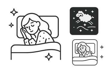 Woman sleeping soundly in bed and counting sheep symbol minimalist line drawing