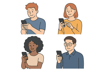 Diverse young adults using mobile phones for social media and digital communication