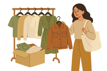 Woman organizing wardrobe, choosing garments from a rack for sustainable donation and resale