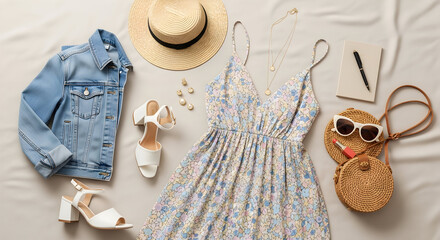 Flat lay of a summer outfit with a floral dress, denim jacket, and accessories.