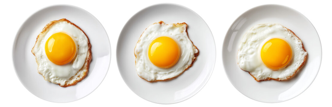 Sunny-side up fried egg with crisp edges on white plate from above on white transparent background, breakfast simplicity - Powered by Adobe