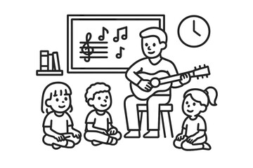 Music teacher playing acoustic guitar for young students during a classroom lesson