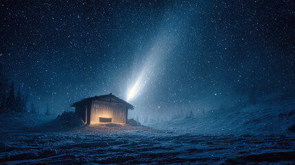 A bright star lights the manger where baby Jesus rests, surrounded by a gentle snowfall and an enchanting night sky filled with stars