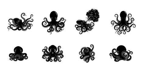 Set of black octopus silhouettes on transparent background for graphic design