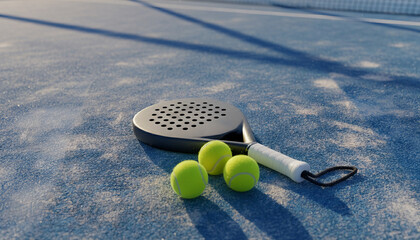 Top view of a padel racket and two balls lying on a textured blue court. Suitable for sports, recreation, and athletic lifestyle themes.