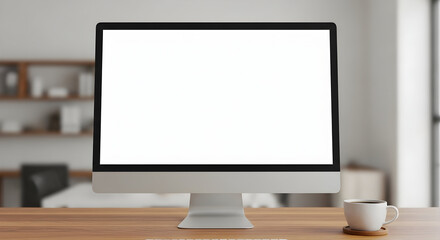 Desktop computer with blank white screen on wooden desk.