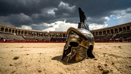 A golden gladiator helmet sits in the sandy arena with the ancient stadium and dramatic, cloudy sky backdrop