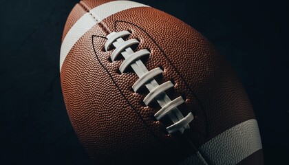 A close-up view of a textured brown and white American football against a dark, textured background