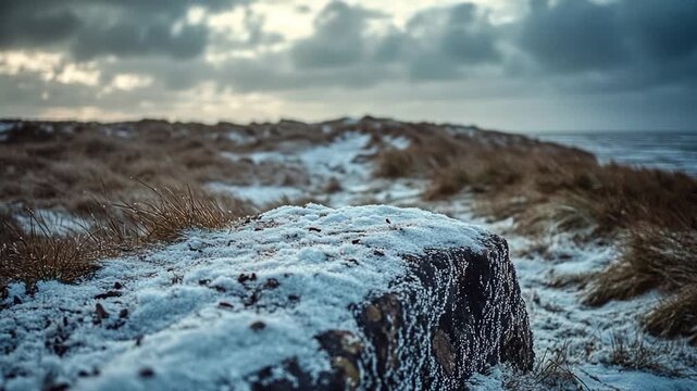 A single snow-covered rock sits in a vast open field, surrounded by nothing but nature