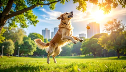 A golden retriever leaps in a sun-drenched park, ball mid-air, with trees and a distant city skyline
