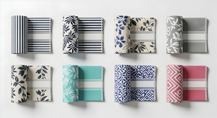 Eight sets of rolled and flat fabric swatches displaying various patterns and colors on a white background.