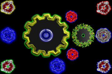 Sfondo 4k nero con forme astratte colorate e 2 ingranaggi