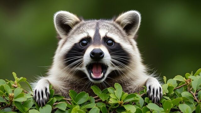 Cute Raccoon Peeking Over Bushes With Surprised Expression