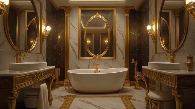 Elegant luxury bathroom with bathtub sinks and mirrors in symmetrical marble design.