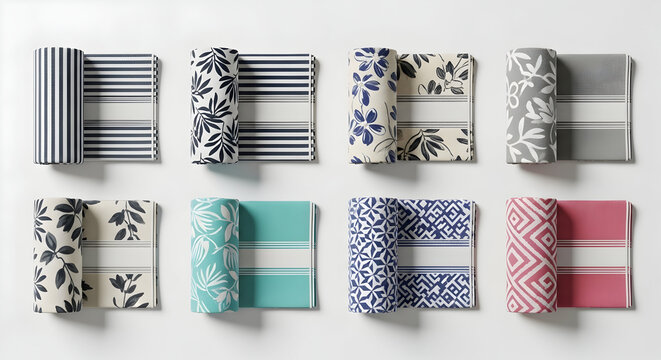 Eight sets of rolled and flat fabric swatches displaying various patterns and colors on a white background.