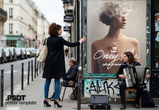 Urban poster mockup on city wall