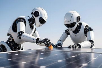 Two futuristic robots collaborating on installing solar panels under a clear sky.