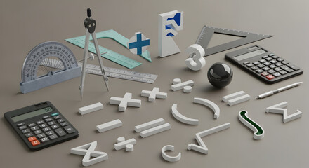 A collection of mathematical tools and symbols arranged on a neutral surface, showcasing geometry and calculation.