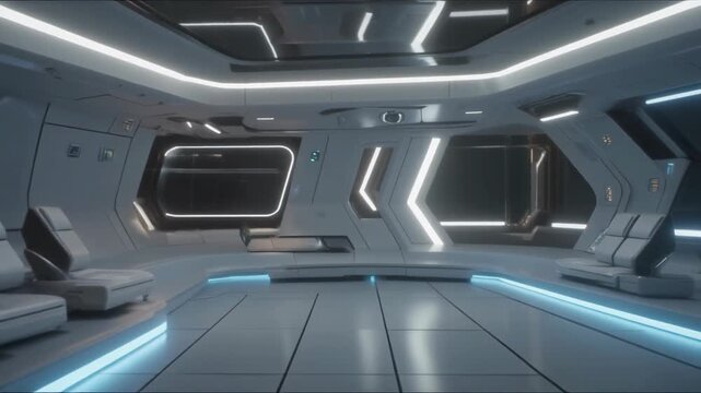 Futuristic spaceship corridor interior with neon lighting.