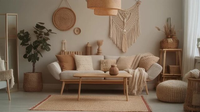 Cozy neutral living room with plants and soft decor.