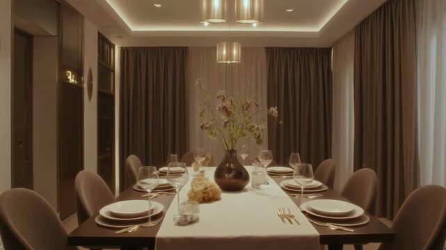Elegant candlelit dining room with table setup in restaurant.
