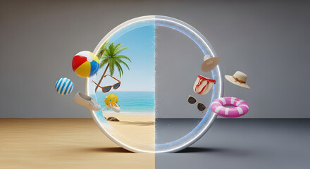 3D render of a circular frame splitting a vibrant summer beach scene with vacation items from a dark, empty space with floating objects, symbolizing contrast and transition.