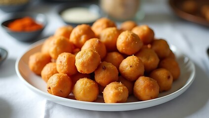 Golden crispy schnitzel served with potato salad and lemon slices rests on a festive tablecloth in warm Christmas light. 