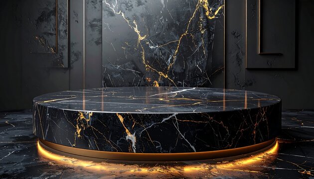 A luxurious black marble pedestal stage shines with gold highlights against a dimly lit wall with marble panels