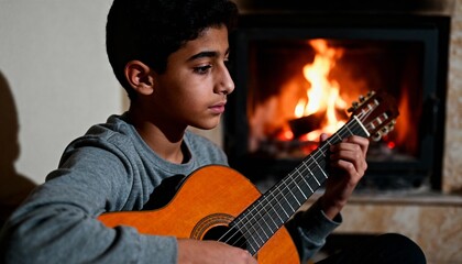 Middle Eastern Teen playing guitar near fireplace in warm firelight, calm mood, photorealistic scene