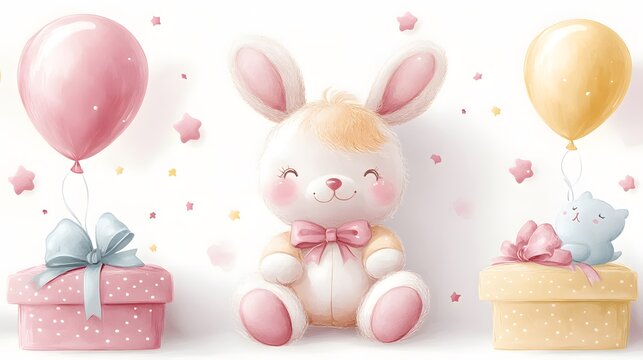 Cute bunny with balloons and presents creates a joyful celebration scene for a child's party