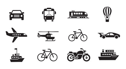Collection of black and white transportation icons vector illustration set