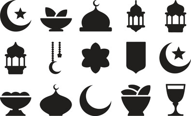 Silhouette Islamic Cultural Icons Set. Quran, Prayer Beads, Lantern, Religious Symbols Vector Illustration