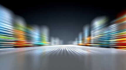 Abstract representation of a city at night with blurred buildings and streaks of colorful lights, suggesting motion and speed.