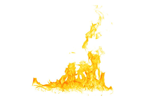 Realistic orange fire flames isolated on white background, showing dynamic burning motion and heat energy, ideal for graphic design, advertising, visual effects, and emergency safety concepts.