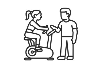 Personal fitness trainer assisting a woman exercising on a stationary spin bike at the gym