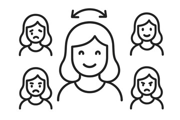 Set of female avatar icons depicting emotional spectrum: happy, sad, angry, and neutral