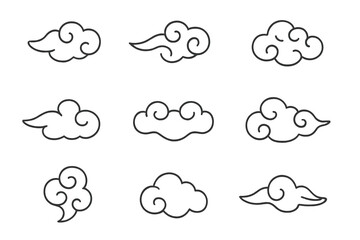 Set of nine traditional Asian auspicious cloud symbols in minimal thin outline style