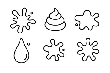 Set of outline symbols showing liquid splatters, drops, and a pile of waste