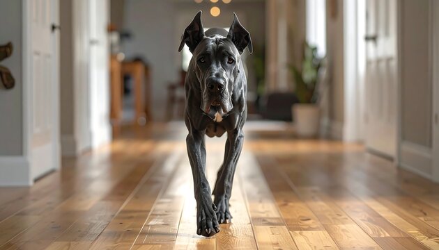 A majestic Great Dane strides down a sunlit hallway with wood floors in a modern home